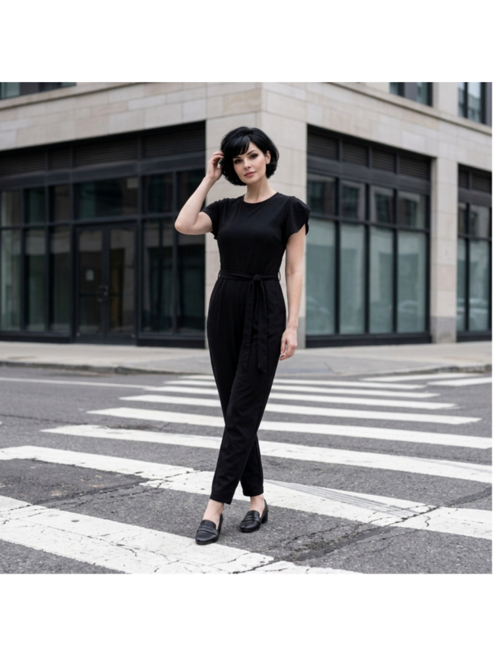 Calvin Klein Black Belted Jumpsuit Size 12 Flutter Cap Sleeves OfficeSiren Luxe